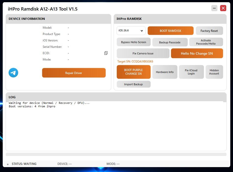 iHPro Ramdisk A12-A13 - Passcode (Windows Tool)✅️